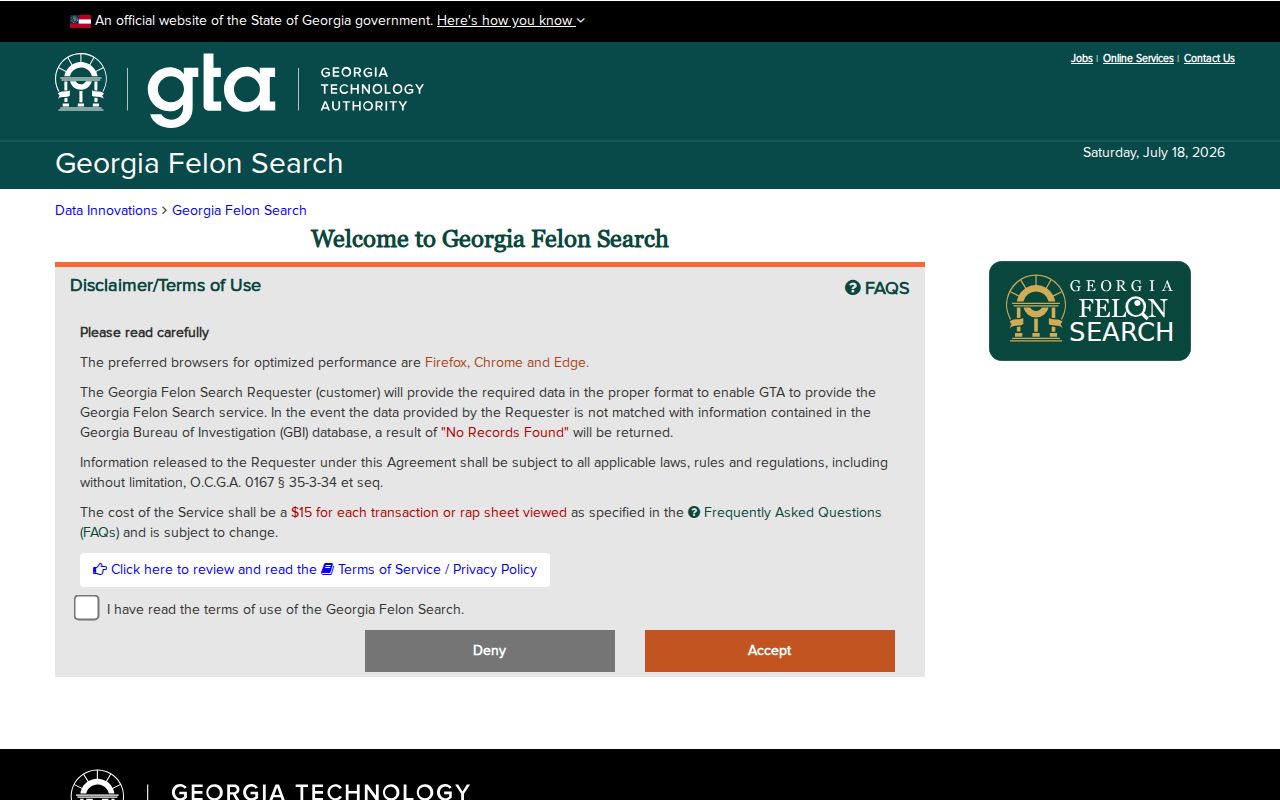 Georgia Felon Search interface used for Wilcox County conviction searches